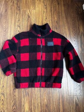 Boys Roots Red & Black Buffalo Plaid Sherpa Zip Jacket L 9-10
